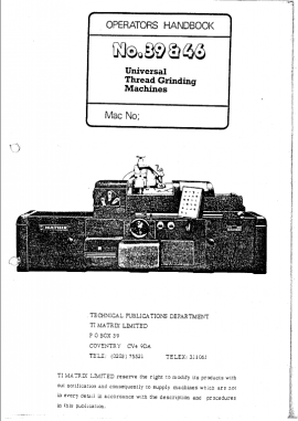 Universal Thread Grinding Machines MATRIX No. 39 & 46